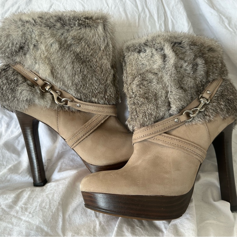 Coach Athena Women's Tan Rabbit Fur-Trimmed Boots - Picture 4 of 7